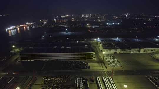 上海海通国际汽车码头露天停车厂夜景视频素材模板下载
