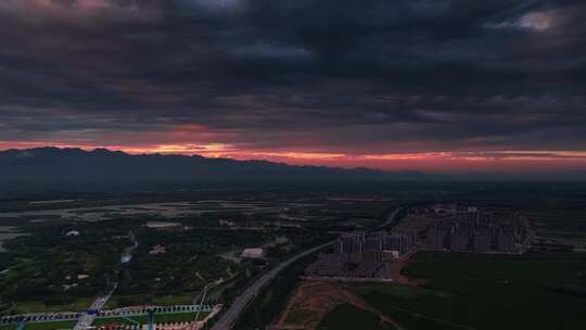 银川夜景城市航拍火烧云