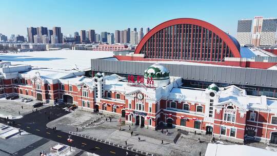 辽宁沈阳站航拍冬季城市雪景航拍