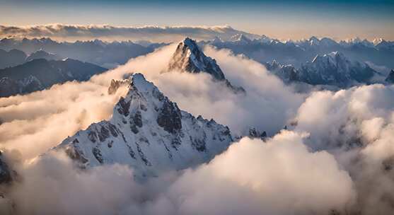 雪山云雾森林阳光树林远山峰大自然生态风景