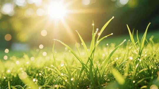 阳光下带露珠的嫩绿草地