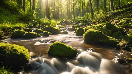 森林中溪流与阳光景象