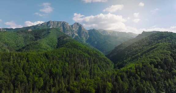 夏季森林和岩石中美丽山景的鸟瞰图