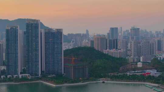 夕阳西下深圳湾航拍日落傍晚黄昏风景风光深