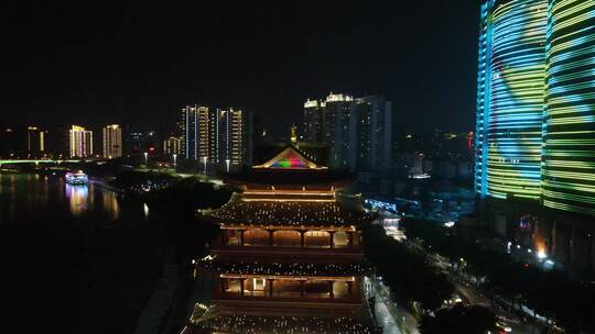 航拍广西南宁城市夜景地标建筑