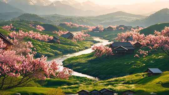春日桃花山间古村 诗意画卷自然美景乡村风