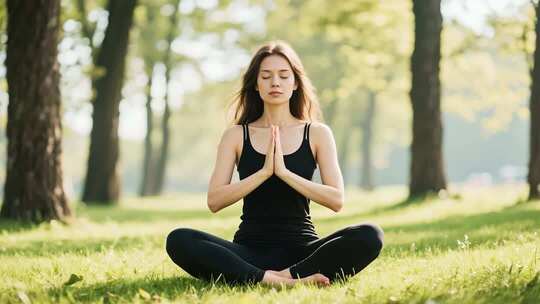 女子户外草地冥想素材