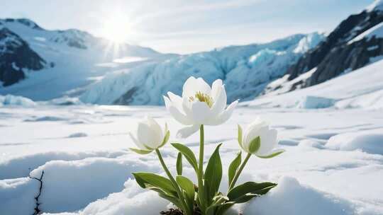 雪山下雪地中的白色花朵