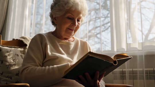 老人窗边翻阅书籍 阅读时光