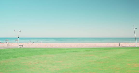 8k实拍海边以大海为背景的绿色草坪唯美空镜