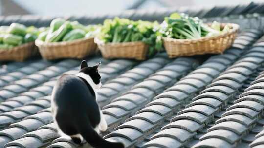 黑猫悠闲漫步在古色瓦屋顶