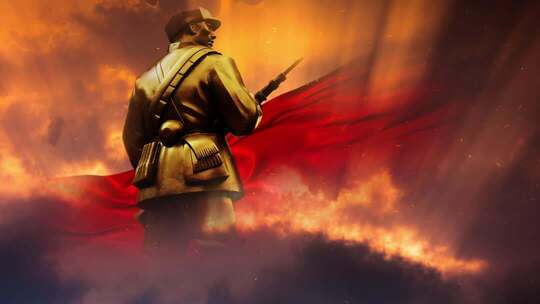 持枪军人背影与红色绸带素材