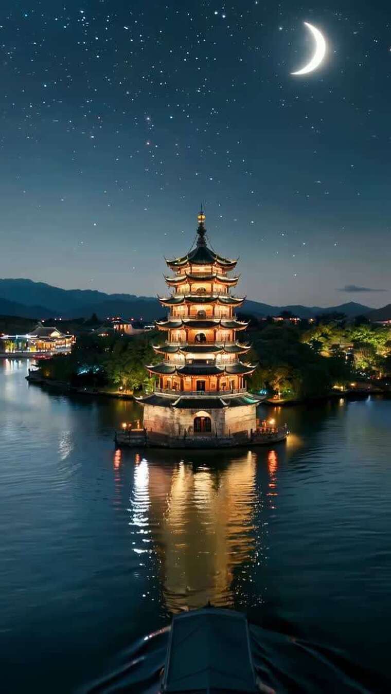 月夜下湖中的中式塔楼景观