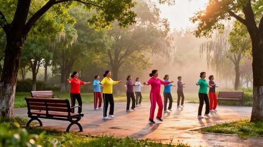 清晨公园晨练晨跑散步各种人群锻炼晨练