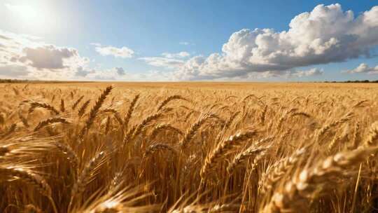 金色麦浪蓝天白云丰收喜悦田园风光