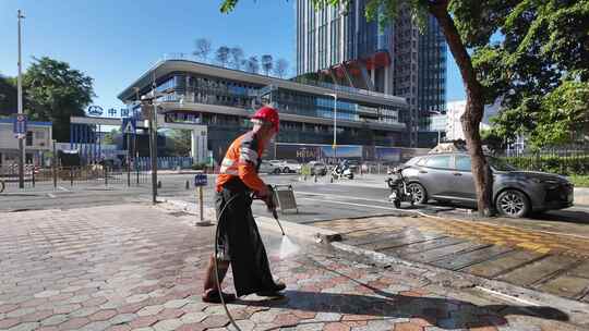 环卫工 清洗 文明城市 卫生城市 冲洗马路