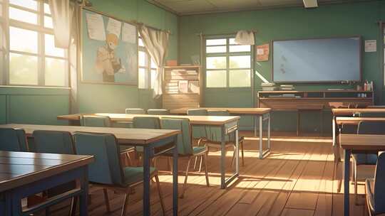 阳光照射进温暖温馨的学校教师桌椅上