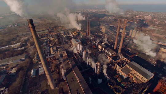 航拍厂房烟囱大气污染碳排放环境污染