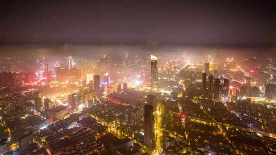 城市夜景车水马龙沈阳地标建筑风光航拍恒隆