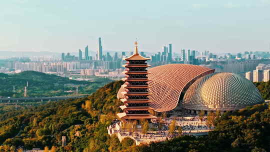 航拍南京牛首山与主城区城市天际线