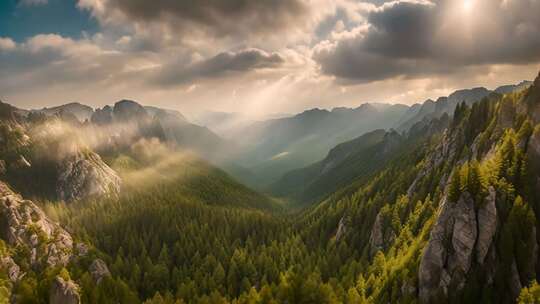 山间森林阳光穿透云层景观