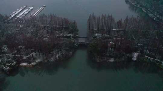 冬季下雪杭州西湖雪景茅家埠下雪空镜