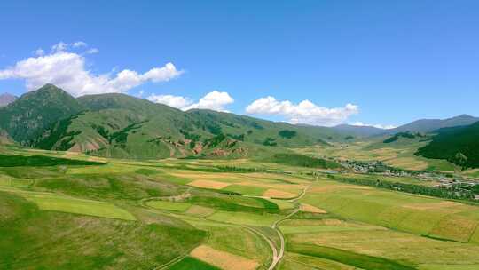 高原山脉草甸村庄田野航拍大景-M