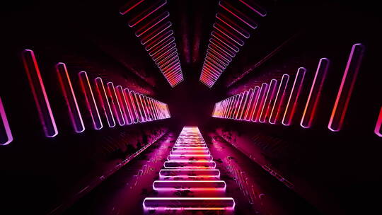 穿梭在发光霓虹线条隧道3D渲染