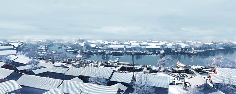 台儿庄古城古建古代运河雪景三维动画