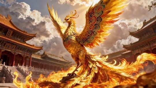 古风建筑前展翅的金色凤凰