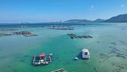 4k海南陵水疍家鱼排玻璃海海湾玻璃海航拍