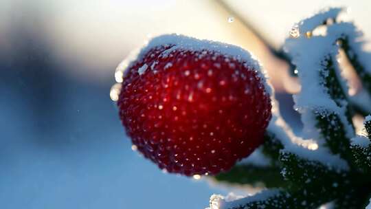 覆满白雪的红色果实特写