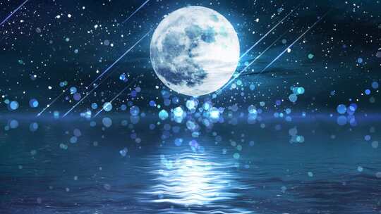 唯美大海上升月亮白月光蓝色夜空圆月花瓣