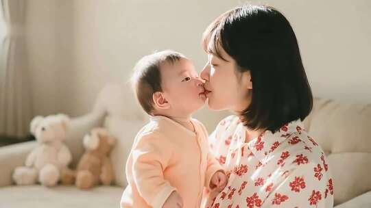 母亲亲吻怀抱中的婴儿