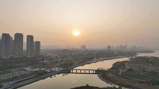 厦门马銮湾公园日落航拍湿地公园海沧区夕阳