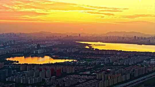 航拍苏州阳澄湖城市自然风光落日黄昏夕阳