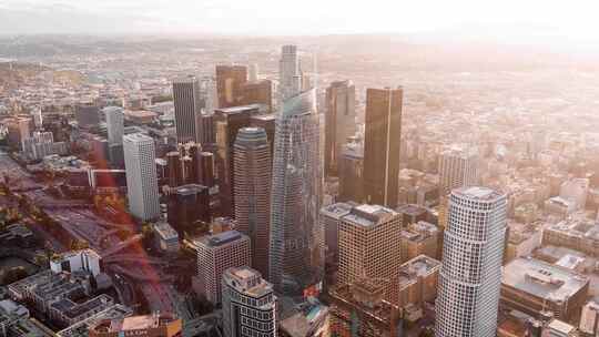 城市航拍加州洛杉矶日出摩天大楼汽车交通