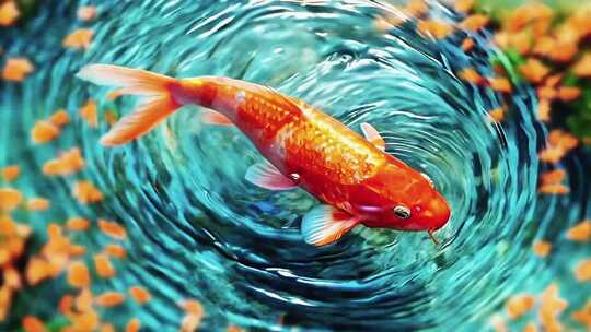 红色金鱼游动锦鲤池塘公园鱼群动画中国风