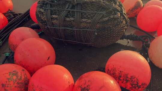 欢快的红色浮标装饰着风景优美的西班牙渔村