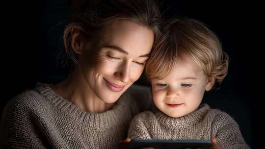 母子温馨夜晚共用手机屏幕