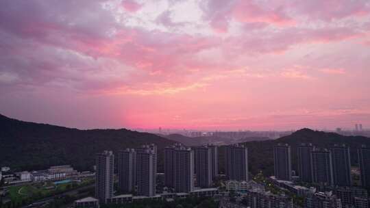 杭州萧山城市日落黄昏风景航拍