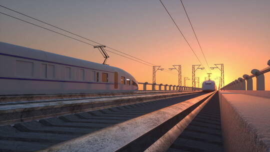 夕阳日落时分快速驶过复兴号高铁和谐号动车视频素材模板下载