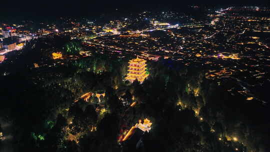 云南丽江古城狮子山万古楼夜景航拍