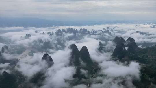 桂林山水鸟瞰图大气宏伟群山云海云雾