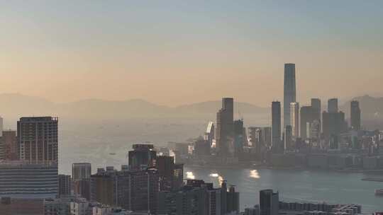 香港维多利亚港清晨航拍