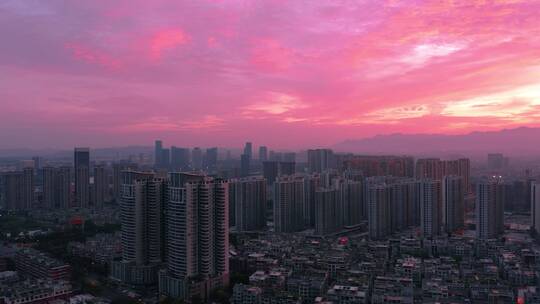 浙江义乌江东城市朝霞火烧云风光航拍