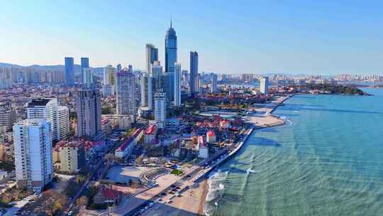 航拍山东烟台滨海城市建筑海岸线风光全景