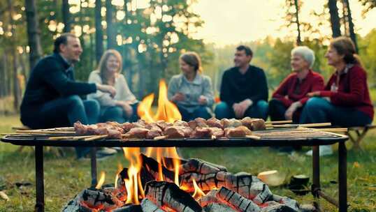 户外露营人群围坐篝火烤肉