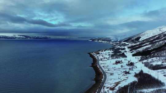 4K航拍北欧挪威特罗姆瑟最美冰湖雪景