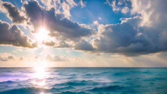 海上日出阳光穿透云层景象